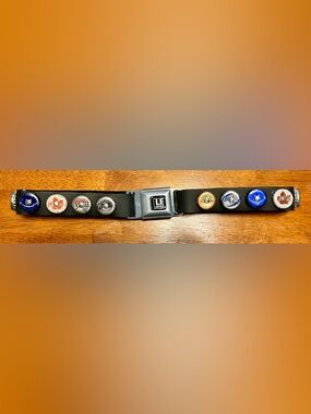 Vintage Little Earth Black Rubber Seat Belt  Assorted  Beer Bottle Cap Accents
